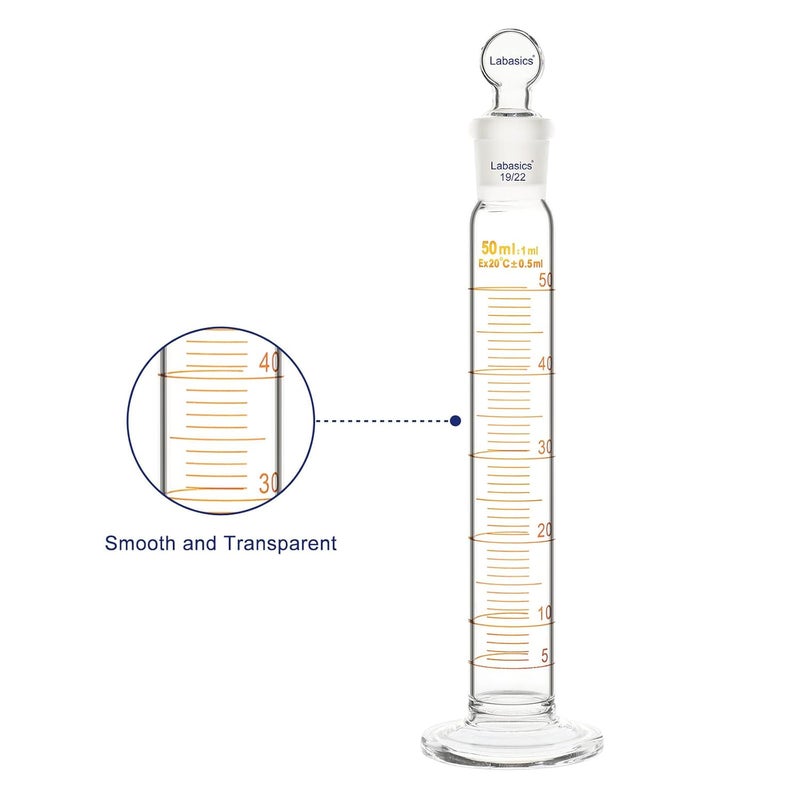 Labasics Graduated Cylinder with Stopper, 50 ml Borosilicate Glass Measuring Cylinder with 19/22 Standard Ground Joint Stopper, Durable Laboratory Glassware for Accurate Liquid Measurement - Image 2